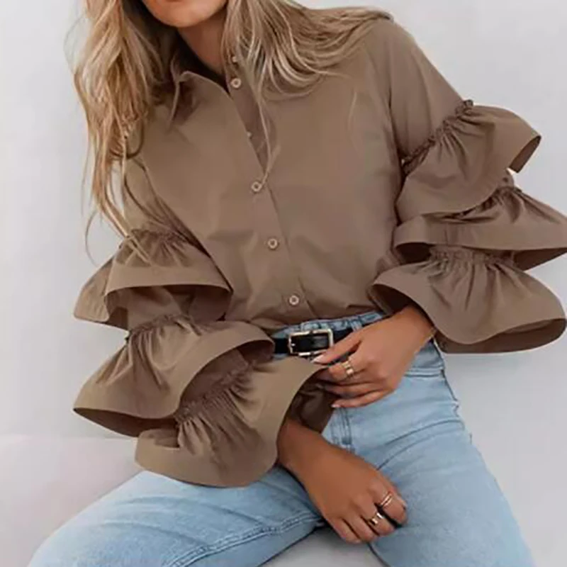 Fashion Temperament Single Breasted Slim Tops 2024 New Ruffle Design Solid Color Shirt Office Ladies Lapel Flared Sleeve Blouses