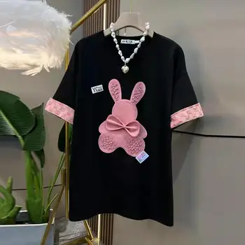 대형 T 셔츠 여성 의류 2024 여름 패션 럭셔리 디자이너 느슨한 반팔 코튼 T-셔츠 여성 탑