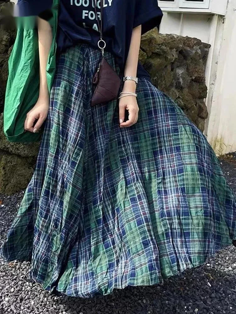 

Синяя клетчатая винтажная длинная юбка трапециевидной формы с высокой эластичной резинкой на талии, женская модная новинка весны и осени