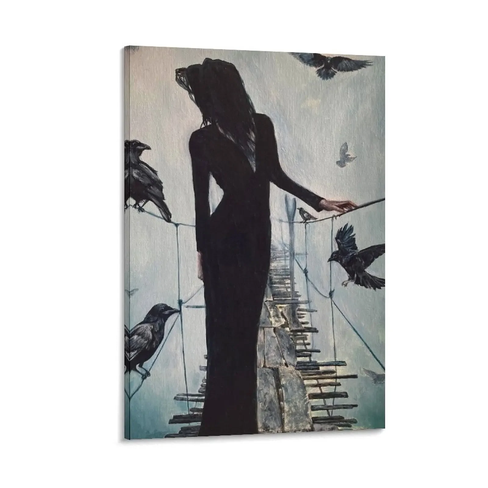 

Raven Crossing - Painting of a Woman in Black Standing on an Old Bridge Surrounded by Ravens Canvas Painting home decor