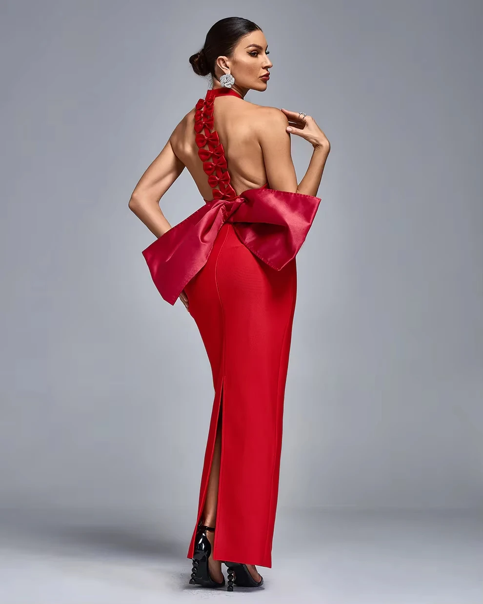 Women's Halter Red Back bow Long Dress Party Fork off Slim fit sleeveless Midi Dresses Lady Elegant Bandage Dress