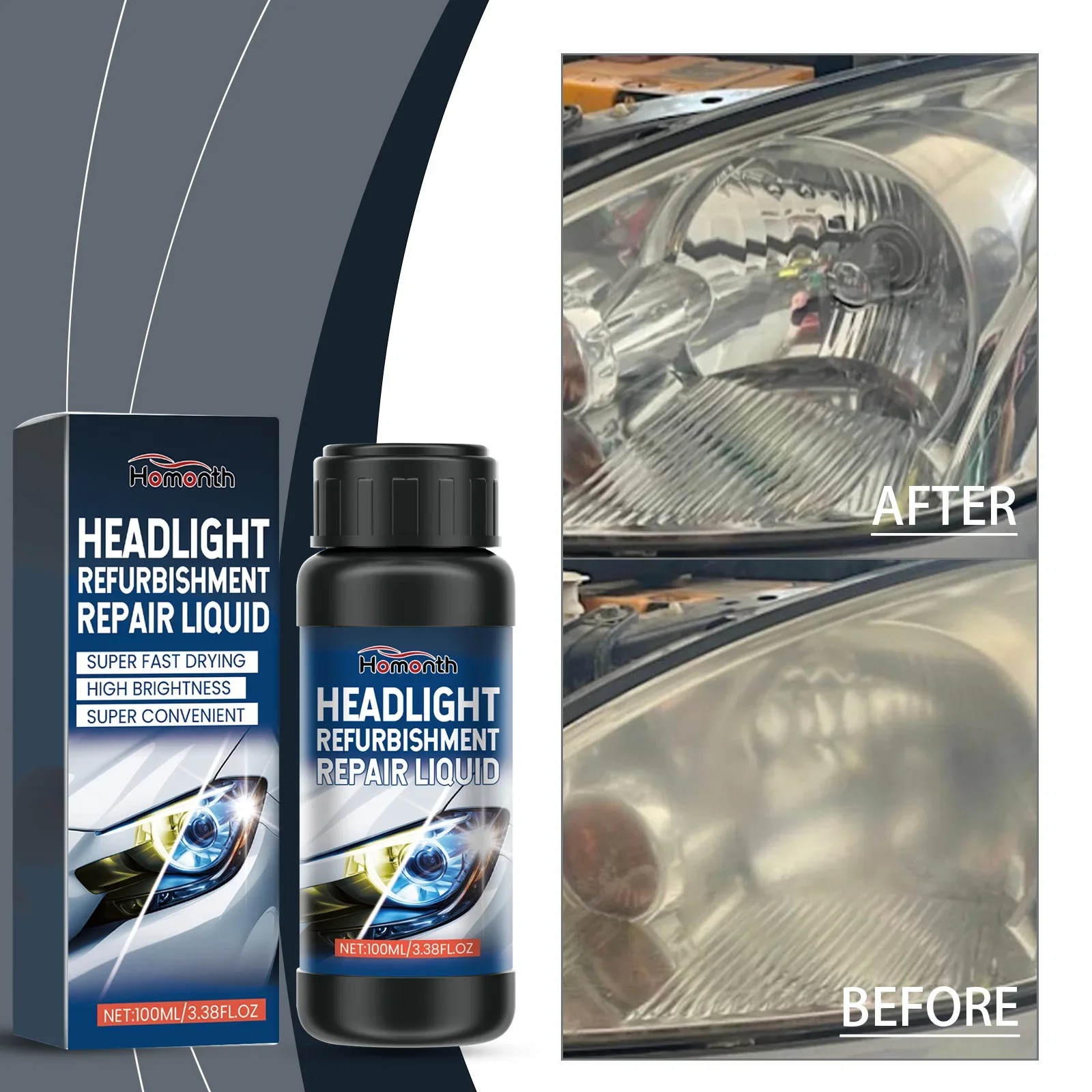 Car Headlight Renovation Repair Solution, Headlight Yellowing Easy Renovation and Rejuvenation Crystal Clear Cleaning Solution