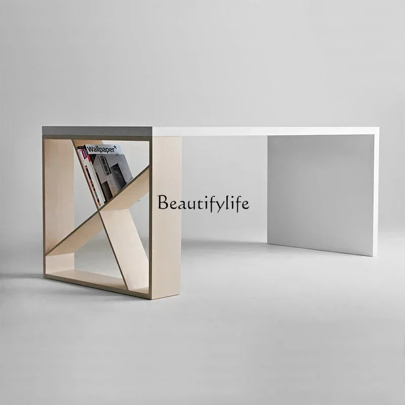 

yj5 Nordic white conference office desk creative negotiation solid wood dining table bookshelf