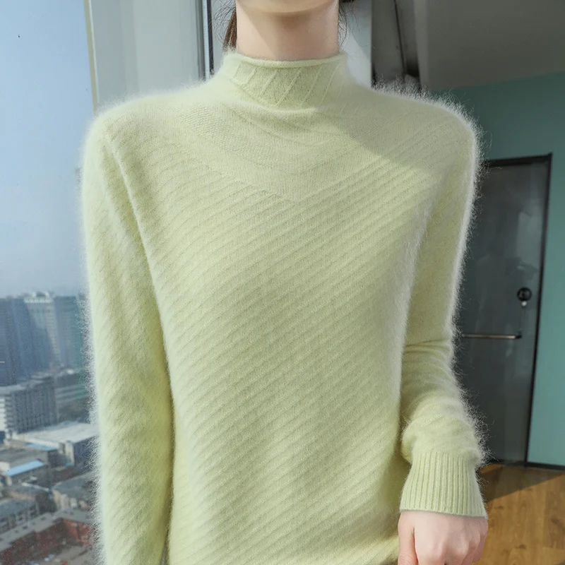 

Autumn and winter new fashion 100% mink velvet women's semi-high collar long sleeve loose Joker commuter warm knit bottoming shi