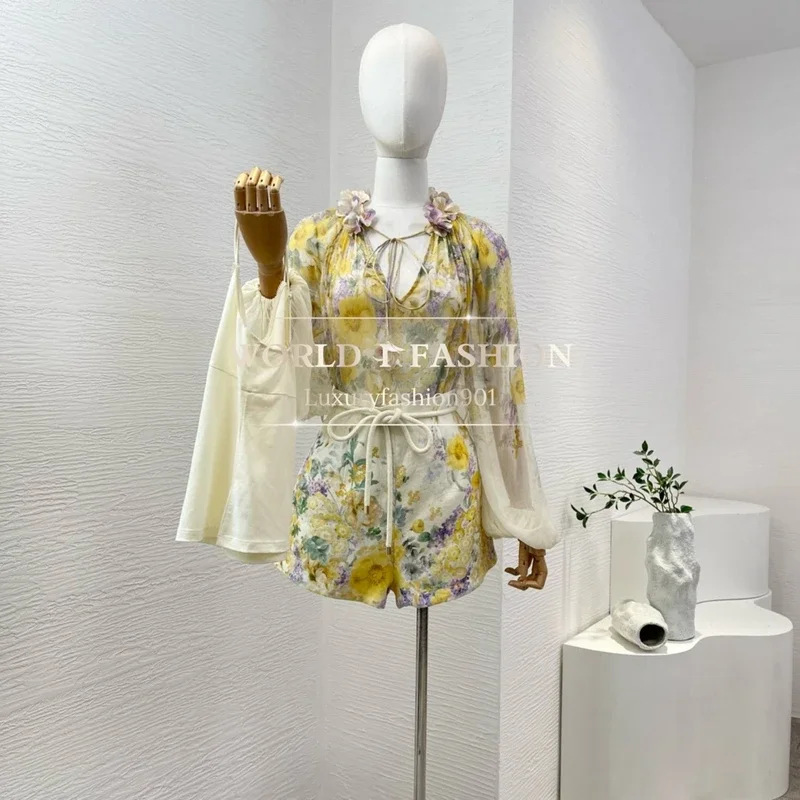 

Light Yellow 2025 High Quality Citrus Garden Long Sleeve Three Dimensional Flower Decoration V Neck Blouse and Shorts Set