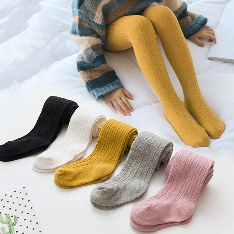 0-8Y Kids Girls Solid Color Ribbed Knit Tights Elastic Waist Stockings Pantyhose Autumn Lolita Princess Leggings