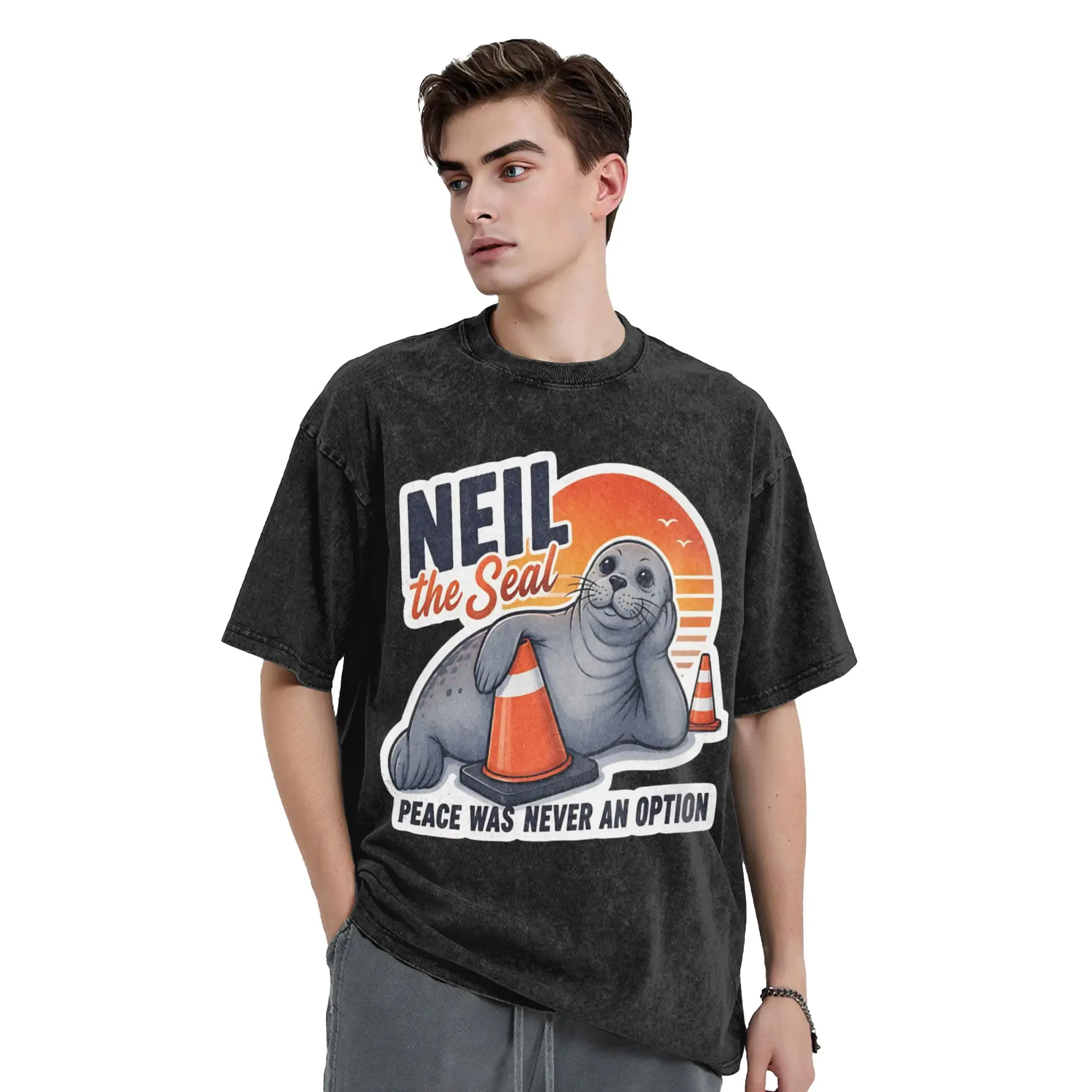 Neil the Seal Peace Was Never an Option T Shirt Washed Cotton Oversize T-Shirt Animal for Men Women Tops Streetwear Printed Tees
