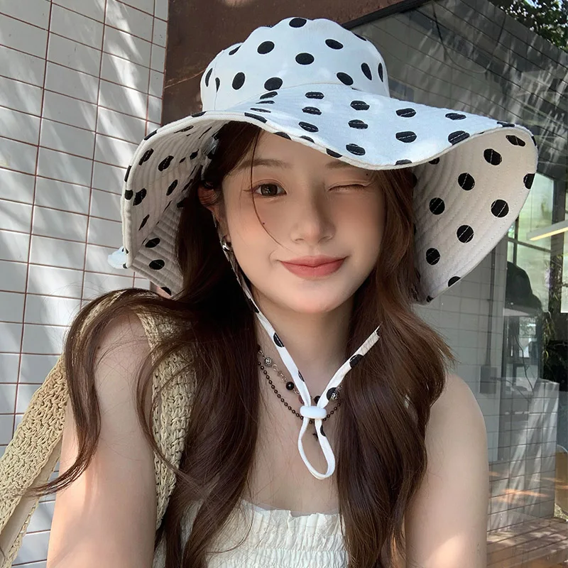 

Korean Sweet Polka Dot Striped Big Brim Bucket Hat Women's Spring and Summer Versatile Outdoor Outing Sunshade Strap Sun Cap