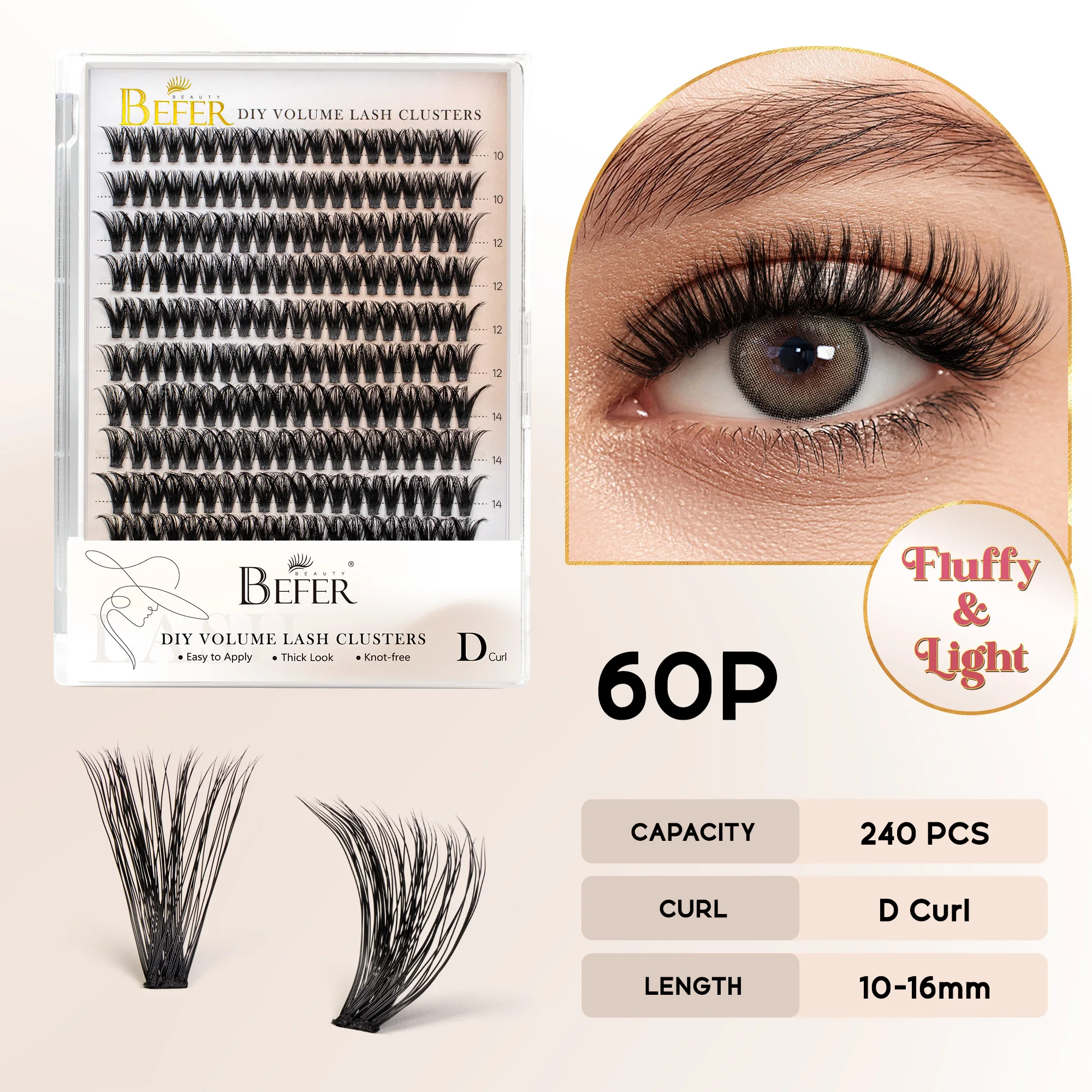 BEFER Cluster-Wimpern D-Curl DIY Wimpernverlängerung Manga-Wimpern-Cluster Flauschiges Volumen Individuelle Natürliche Falsche Wimpern-Cluster