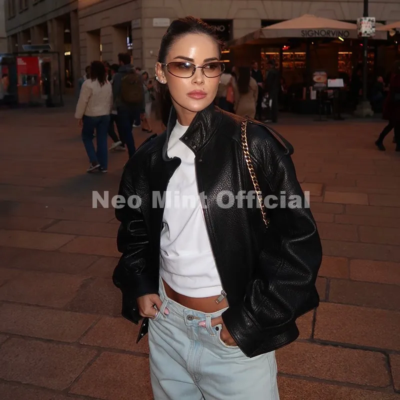 Neo Mint Autumn 2026 New Black PU Leather Jacket Woman Cool Retro Street Fashion Girls Faux Leather Aviator Coat Outerwear Women