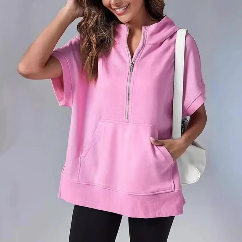 Casual Style Pullover Stylish Summer Women's Half Zipper Hoodie with Short Sleeves Solid Color Pocket Casual Daily for Females