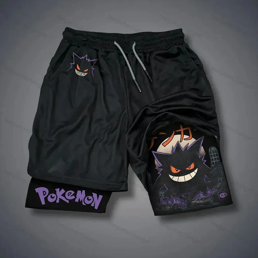 Pokémon Anime bedruckte schwarze doppellagige Sportshorts für Herren und Damen, Sommer-Neuheit, atmungsaktive, schnell trocknende 2-in-1-Shorts