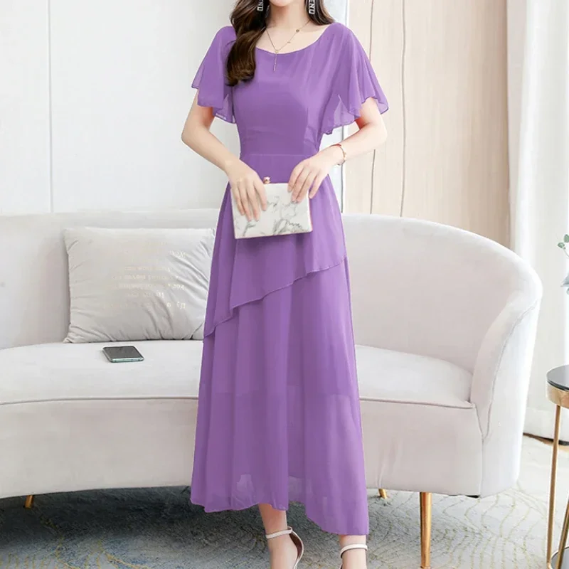 Summer Dress Women 2023 Red Short Sleeve Chiffon Sweet Dress Purple Evening Dress Long Temperament French Dress Vestido Feminino