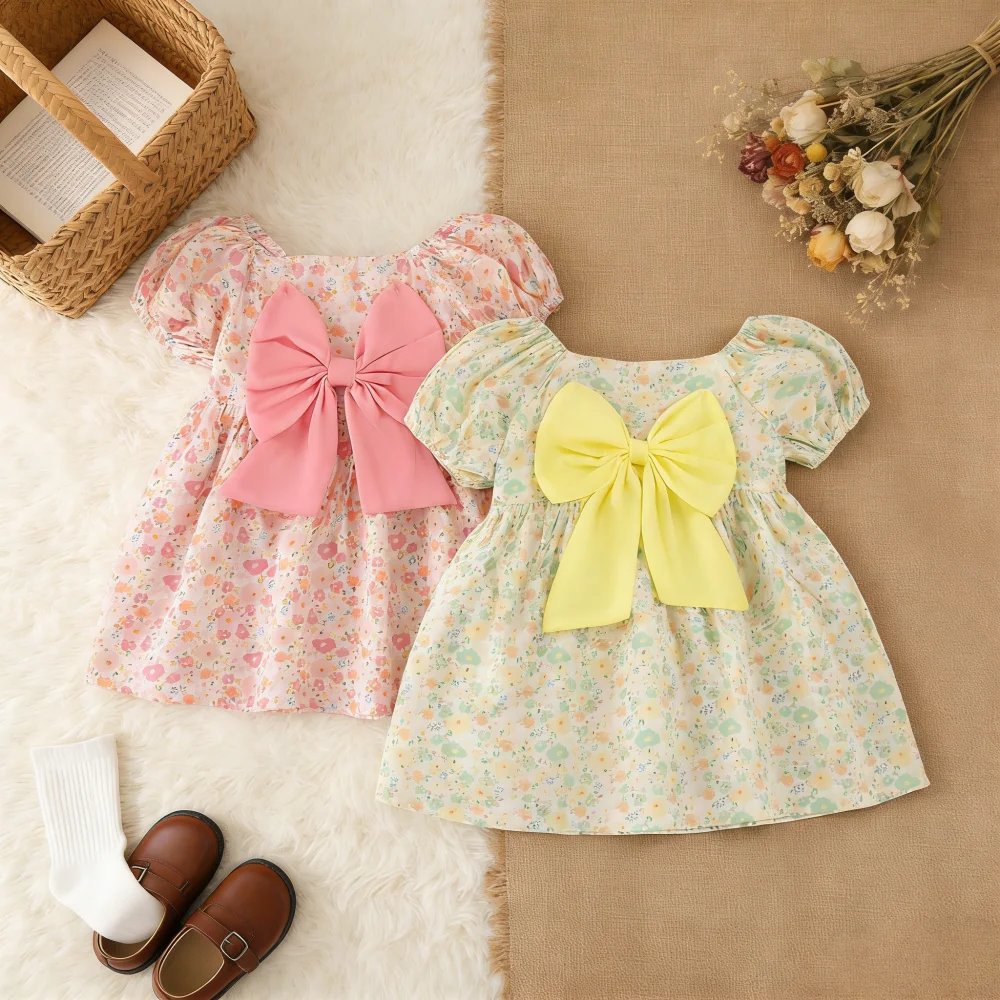 

Baby Dress Summer Floral Bow Short Sleeved Girls' Dress Cute Beach Casual Children's Dress Baby Girl Clothing