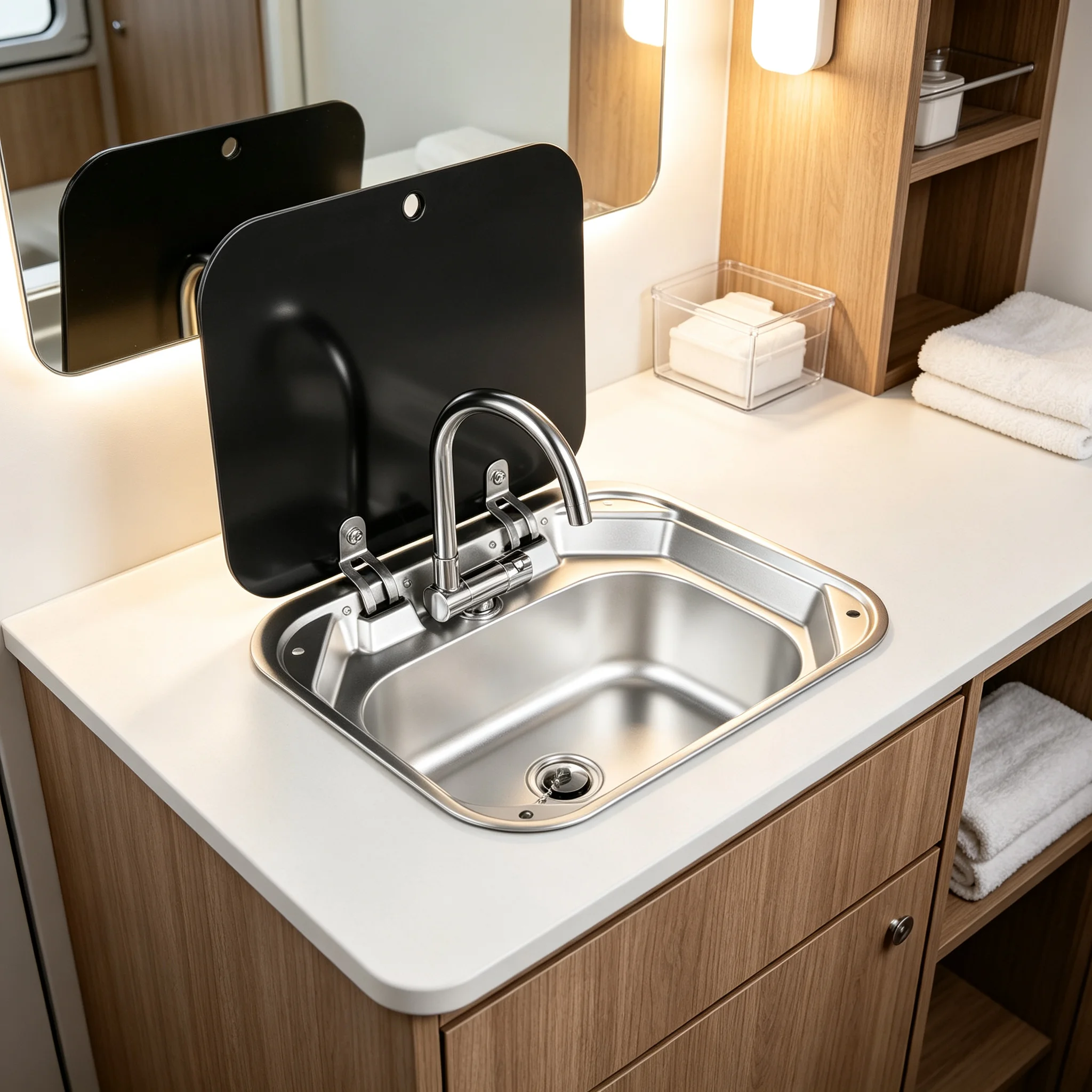 Bymaocar RV Wash Basin Kitchen Sink RV Sink Stainless Steel Basin Set with Faucet Tempered Glass Cover Multi-Functional for Camper Motorhome Caravan Bathroom