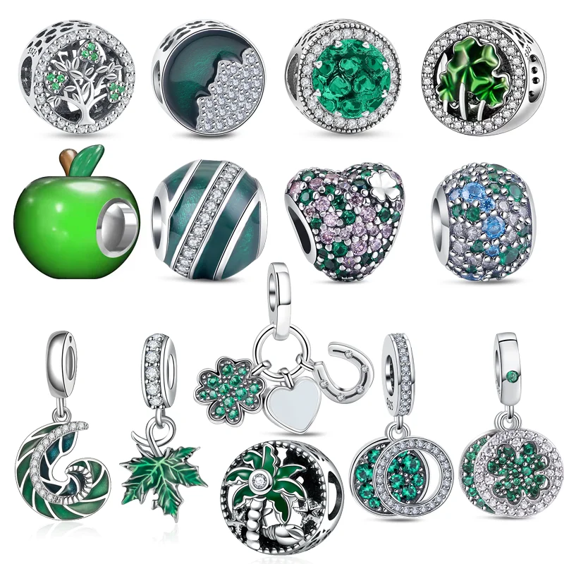 

925 Silver Green Apple Four Leaf Clover Leaf Family Tree Pavé Sparkling Fine Beads Fit Original Pandora Charms Bracelet Jewelry