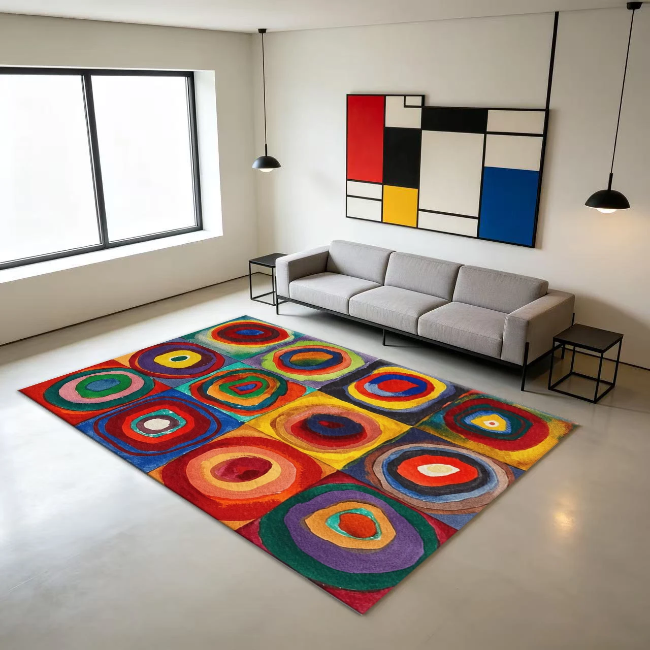 Colorful Concentric Circles Abstract Pattern Carpet Modern Wassily Kandinsky Art Style Living Room Home Floor Rug
