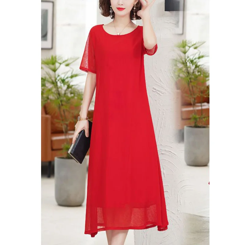 

Elegant O-Neck Chiffon Spliced Loose Solid Color Midi Dress Women Clothing 2023 Summer New Oversized Short Sleeve Casual Dresses