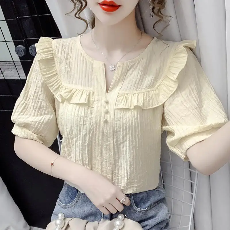 Summer New Casual Fashion Ruffles Solid Simple Shirt Ladies Short Sleeve Loose All-match Pullover Blouse Women Oversized Tops