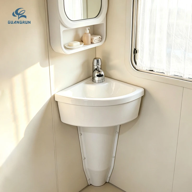 Acrylic White Luxury Modern Lightweight RV Corner Washbasin with Column Space-Saving Wall Mount Sink for Motorhome Bathroom
