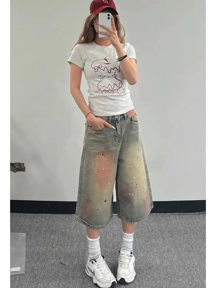 

American Street Style Denim Shorts Women Summer New Oversized Loose Washed Old Short Jeans Fashion Trend Calf Length Pants