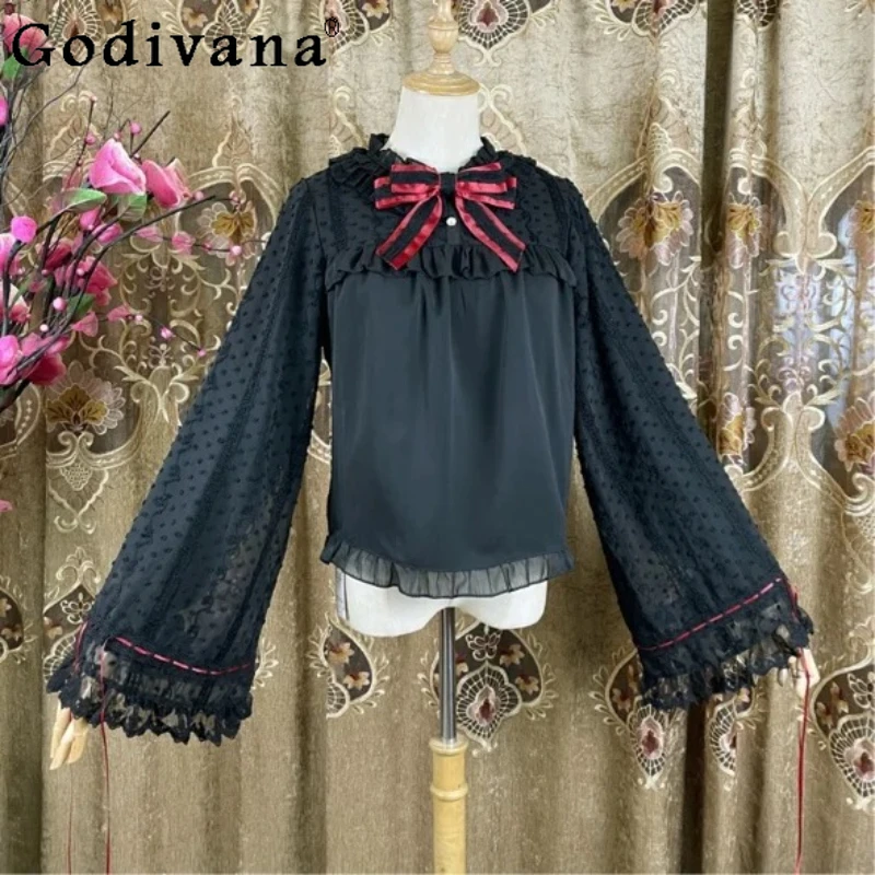 

2025 New Lolita Double Long Sleeve Cute Bow Chiffon Shirt Girl Spring Summer Chinese Flare Sleeve Lace-up Sweet Versatile Blouse