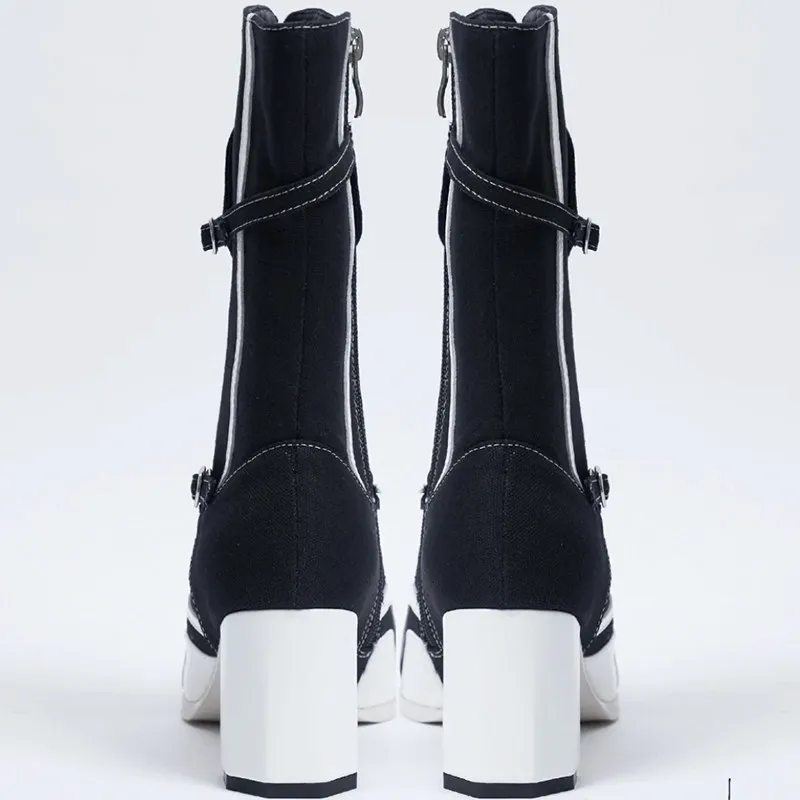 2026 New Vintage Y2K Punk Women Canvas Mid Calf Boots, Streetwear Pointed Toe Block Heel Lace Up Side Zipper Retro Fashion Boots