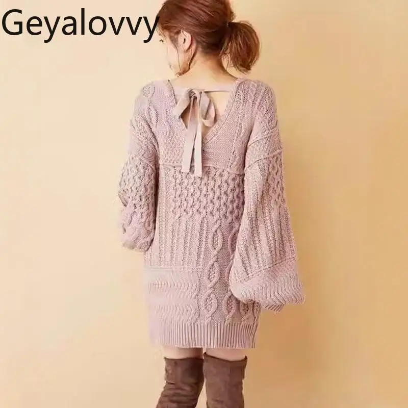 

Japanese Style 2025 New Autumn Winter Back Tie Loose Mid-Length Pullover Sweater Long Sleeve Knitted Sweater for Women