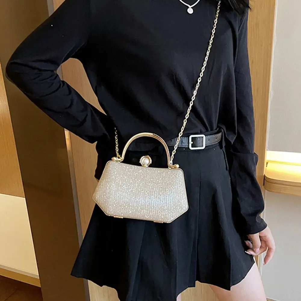 

Retro Glitter Evening Banquet Bag Pearl Handle Rhinestone Box Handbag Shoulder Bag Large Capacity Ladies Clutch Bag Women