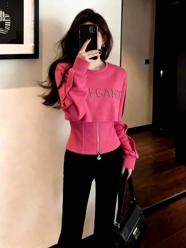 

Ele Pink Letter Print Top Women's Faion Slimming irt Casual Loose Fit Spring 2026 Trendy Zipper Detail ort Sve