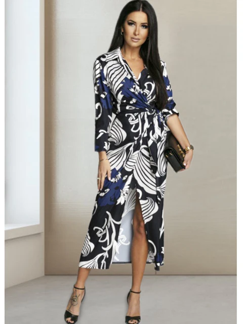 Kobiety Casual Floral Print Bandage Dress Half Sleeve Split Hem Sexy Vintage Elegant Fashion V-Neck Slim Waist Female Dress 2024