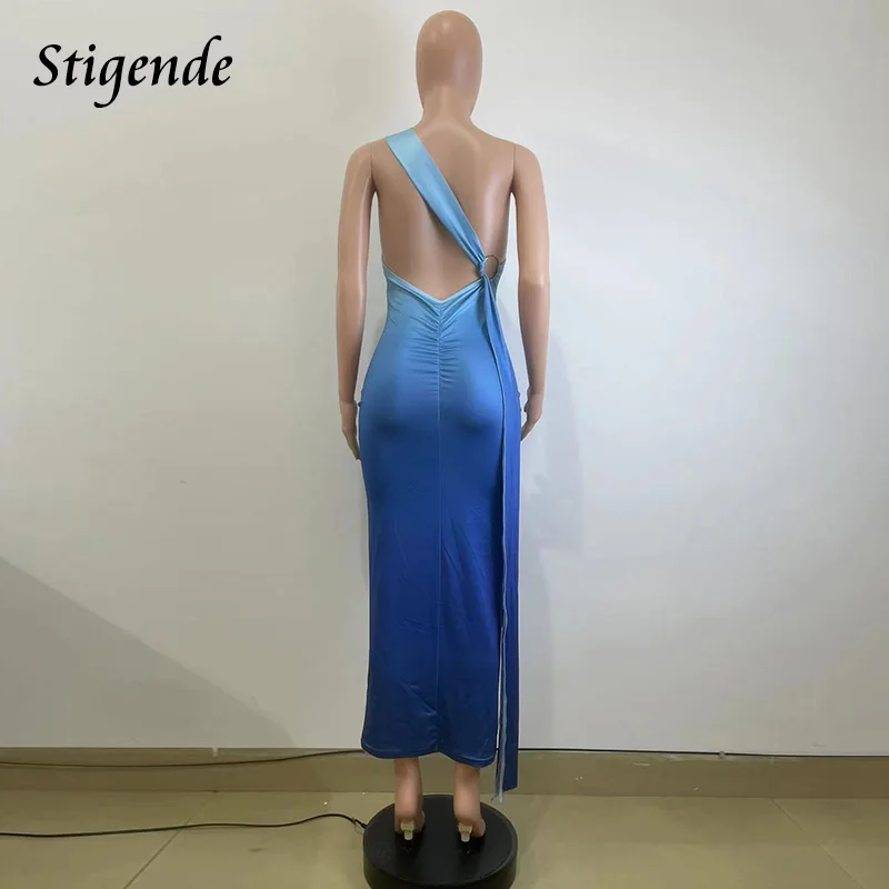 Stigende Women Sexy One Shoulder Gradient Color Dress Slash Neck Skinny Cocktail Party Dress Patchwork Ruched Bandage Long Dress