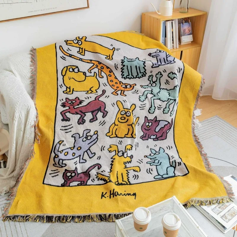 

Cute Cartoon Animals Tassel Blanket Soft Throw Blanket for Sofa Couch, Outdoor Travel Camping Picnic Blanket Art Woven Tapestry