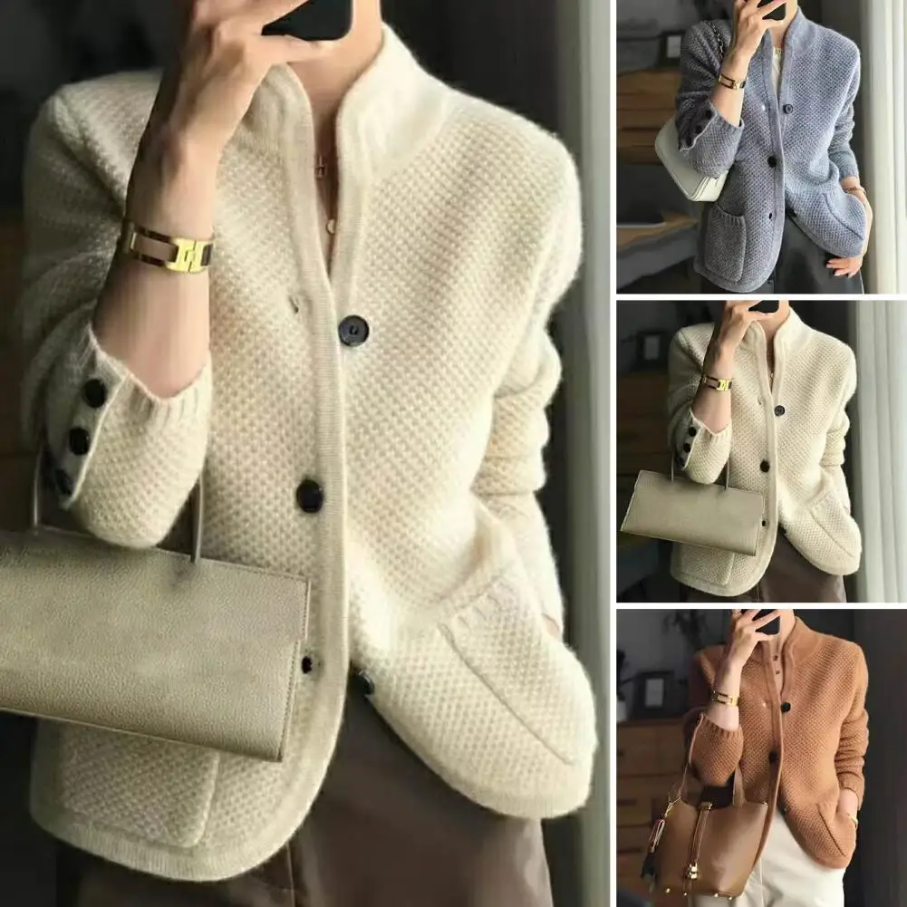 

Button-up Women Coat Lightweight Women Outerwear Coat Stylish Lady Winter Coat with Stand Collar Pockets Knitted for Wear