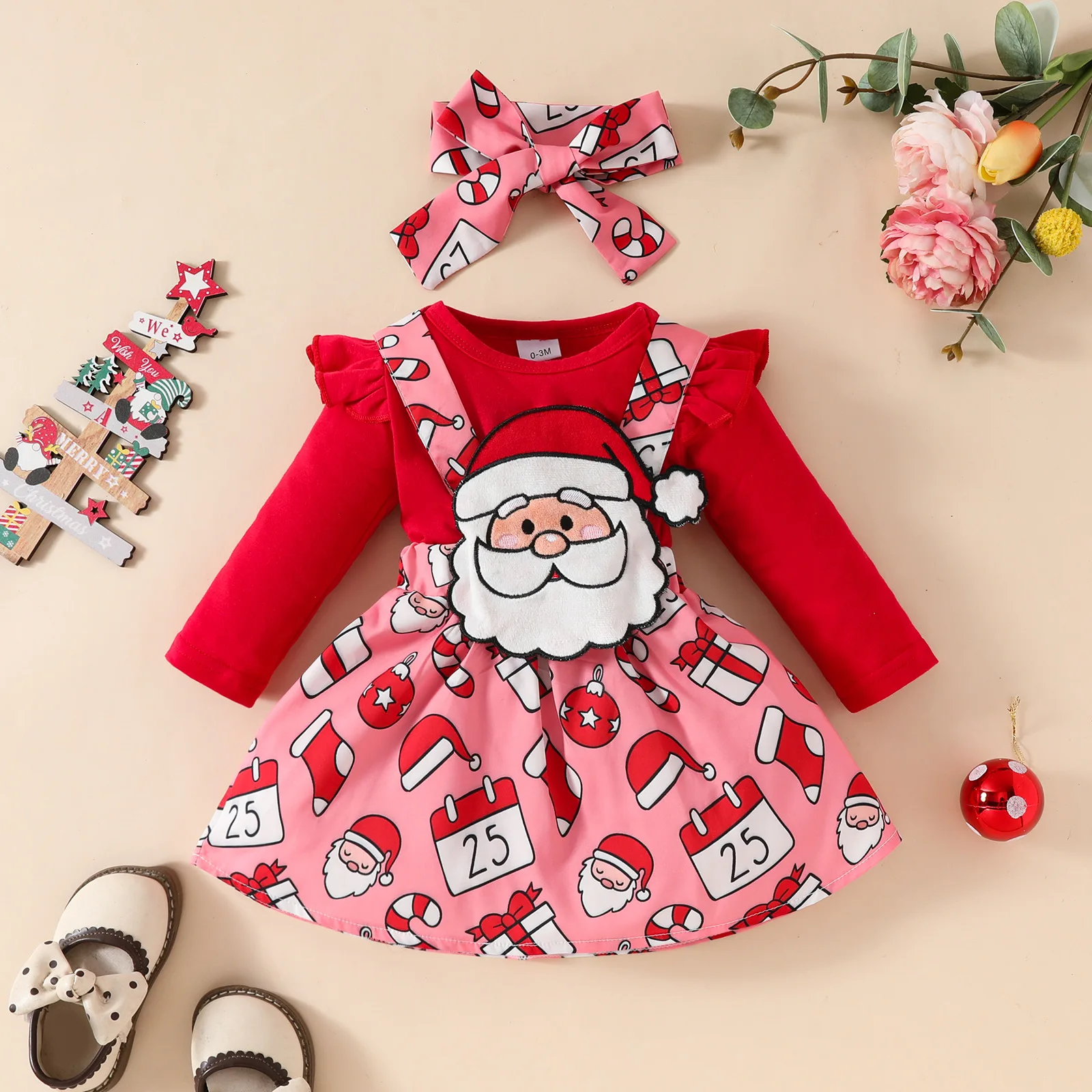 Christmas Baby Clothes Set 0-18 M Infant Girls Outfits Solid Bodysuit Santa Claus Suspender Skirt with Headwear 3Pcs