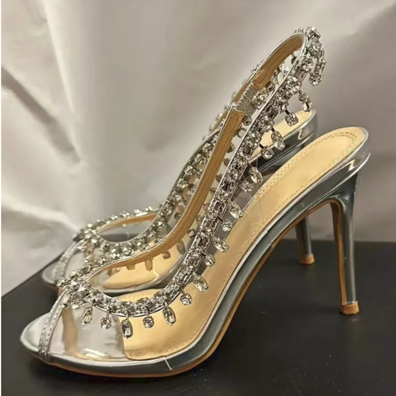 PVC Transparent Heeled Sandals Women Pumps Sexy Rhinestones Thin High Heels Fish Mouth Silver Luxury Party Heels Crystal Sandals