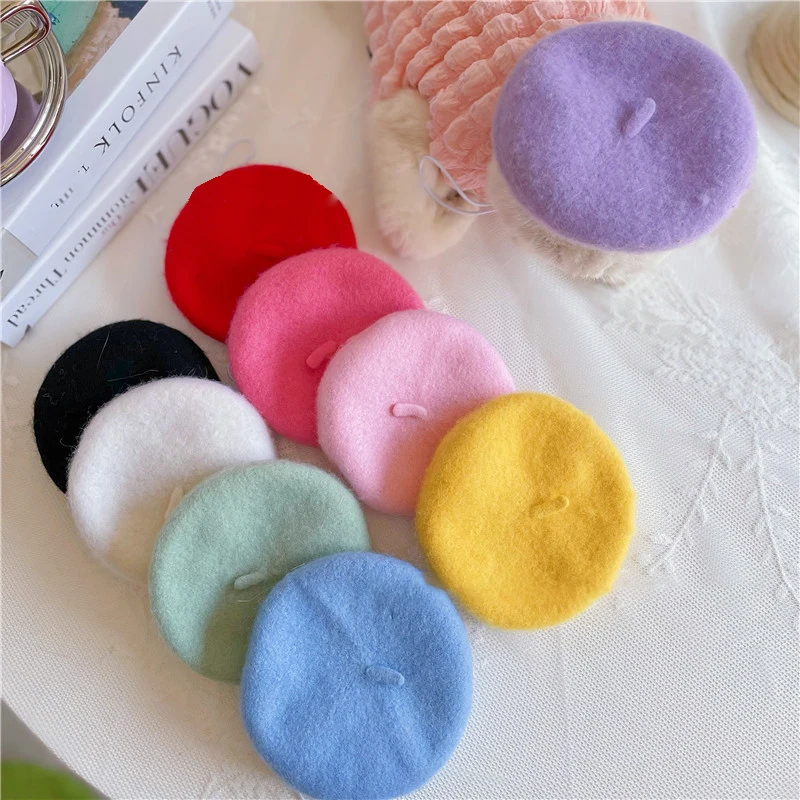 Ins Style Solid Color Pet Headgear Painter Wool Hat Dog Cat Beret Hat Mini Decorative Photo Headgear