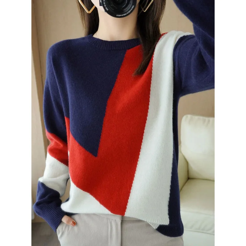 New Spring and Autumn Fashion Korean Edition Spliced Round Neck Loose Versatile Simple Slim Women\'s Long Sleeve Knitted Sweater