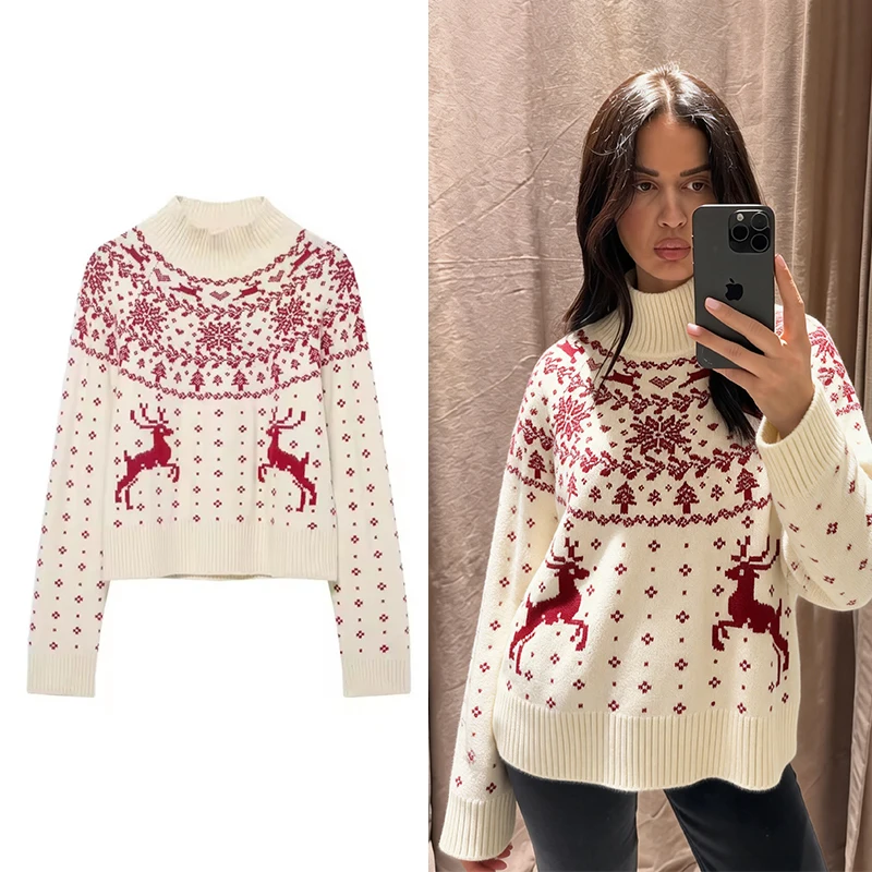 

Осень-зима шикарный вязаный пуловер женский элегантный рождественский жаккардовый свитер повседневный женский повседневный трикотаж с длинными рукавами топ