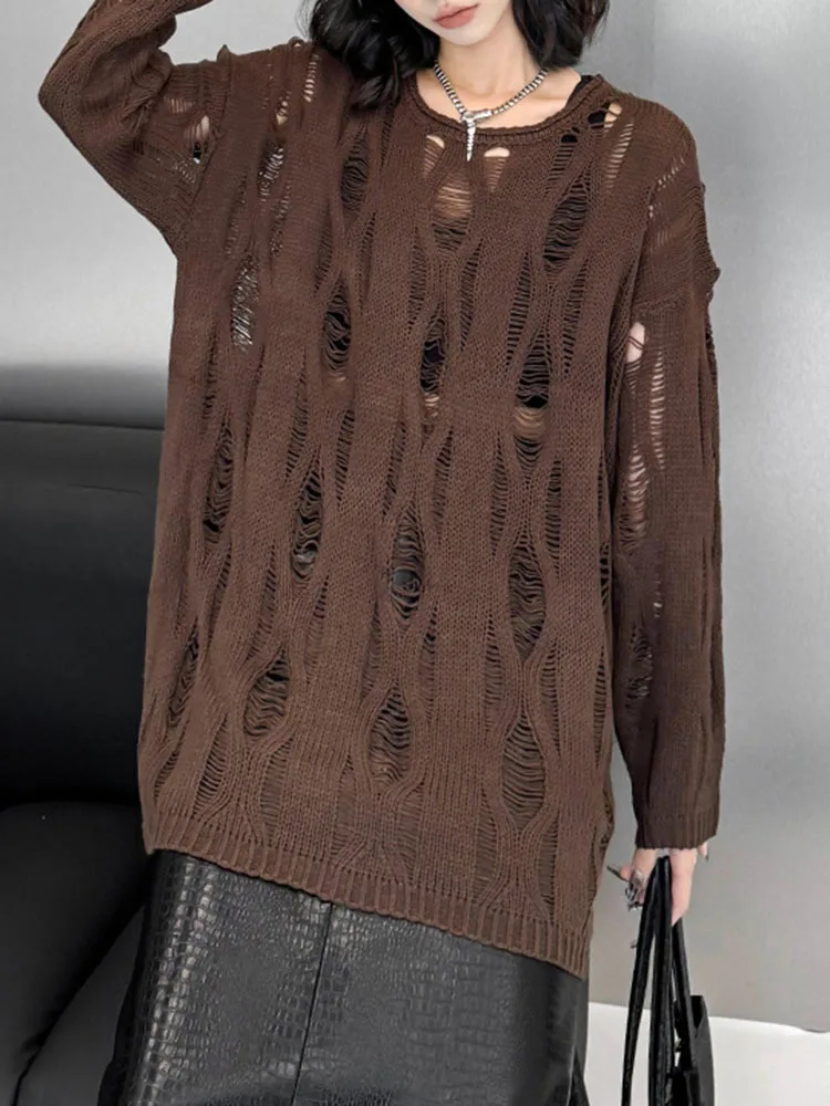 [EAM] Brown Hollow Out Big Size Knitting Sweater Round Neck Long Sleeve Women Pullovers New Fashion Spring Autumn 2024 1DH6883