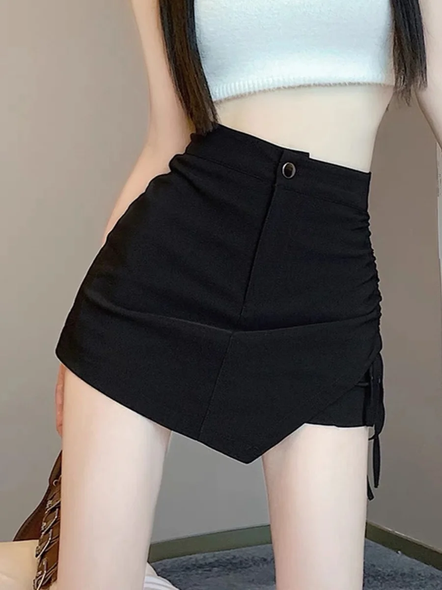 플러스 사이즈 여성 캐주얼 팬츠 사이드 스트링 플리츠 마이크로 플러스 사이즈 언니 비대칭 디자인 하이웨이스트 바지