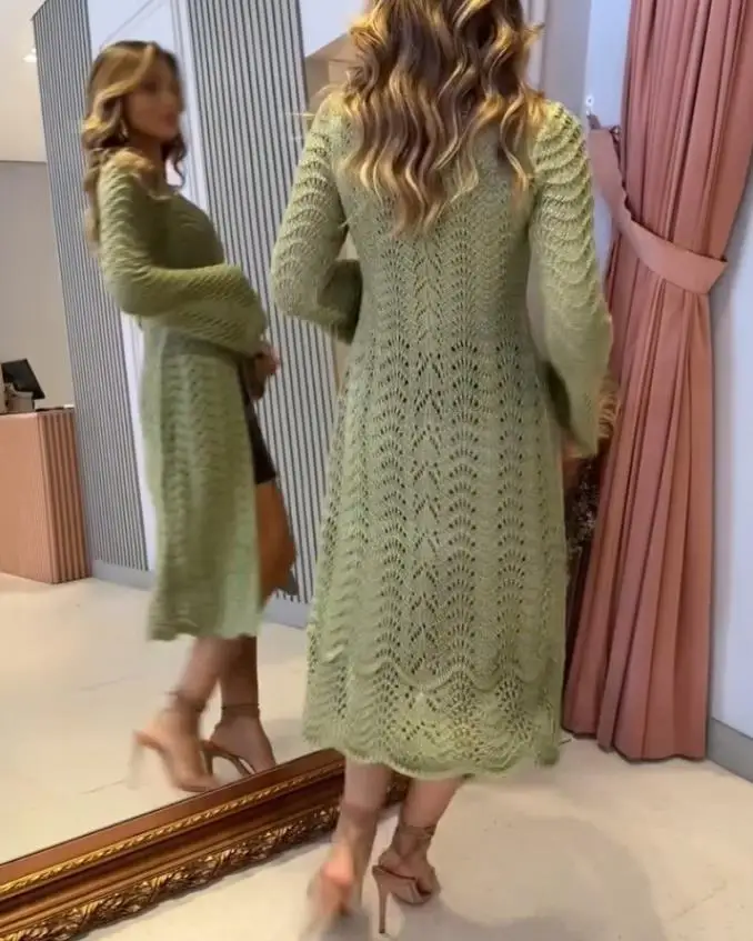 

Asymmetrical Hem round Neck Hollow Knit Sweater with Scallop Trimmed Bell Sleeve Casual Top for Autumn/Winter 2025