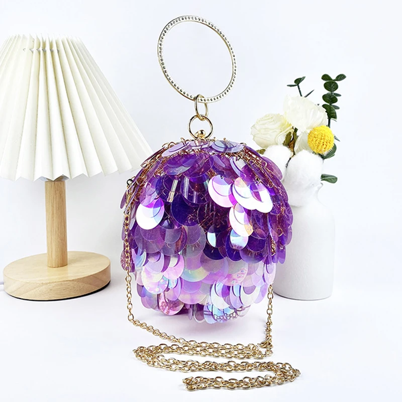 Metal Hollow Round Ball Clutch Handbags for Women Sequins Tassels Evening Purse with Circle Top Handle Wedding Shoulder Bags Box