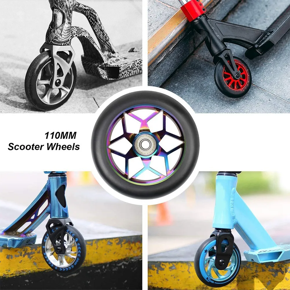 2 Pcs Scooter Accessories 110mm Scooter Wheels Colorful Pu Wheels Thick Stunt Car Wheels with Bearings(Black)