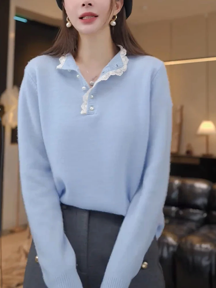 

Шикарный кружевной вязаный свитер с открытым воротником, украшенный жемчугом, осенне-зимний, белый, в корейском и европейском стиле, модный топ