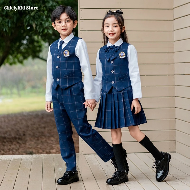 

Boys British Plaid Vest Shirt Suit Pants Girls Waistcoat Blouse Skirts Children School Uniform Kids Korean Students Clothes Set