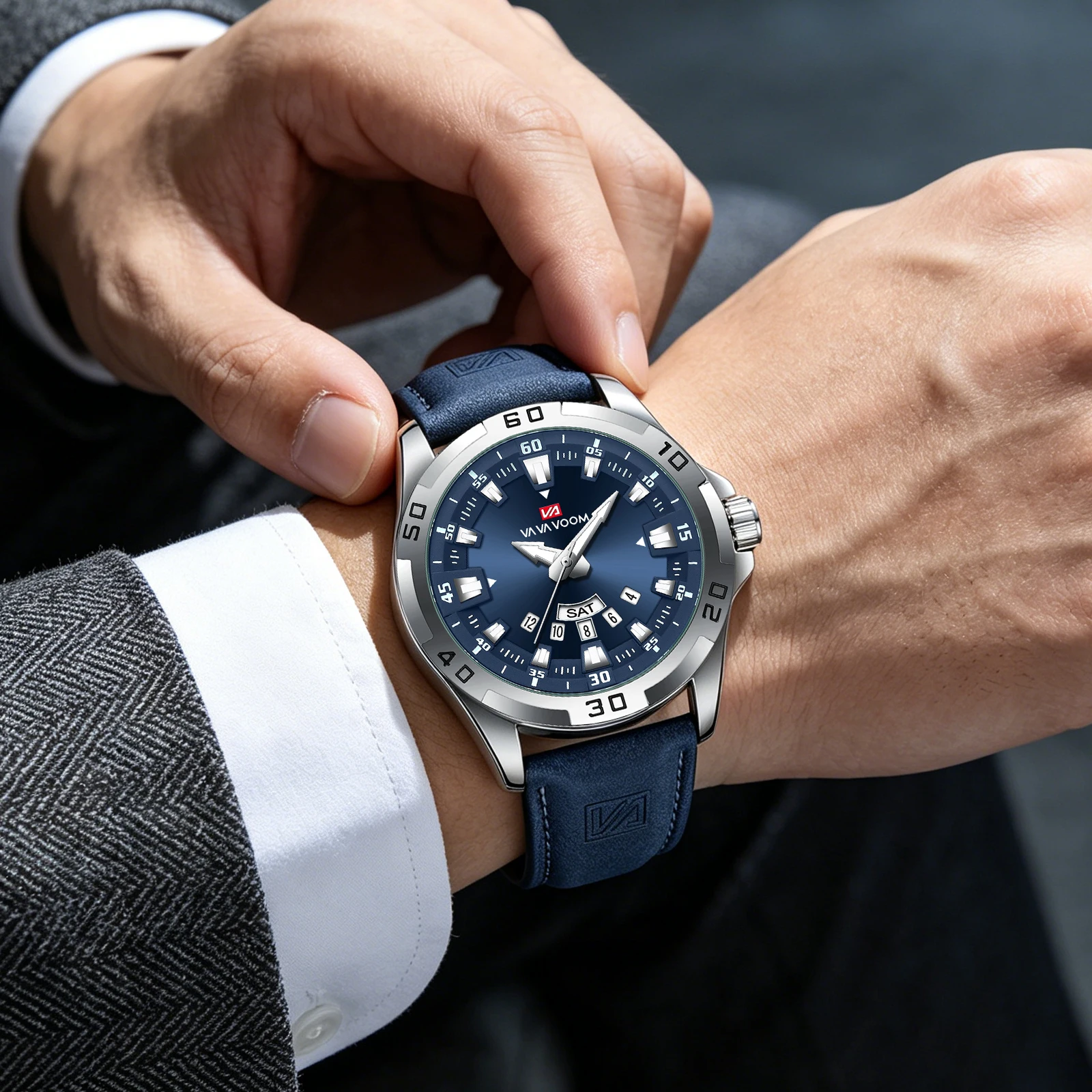 VA VA VOOM Business Quartz Watch Men Silver Case Steel Watch 3Bar Leather Strap Sunday Date Enlarged Men's Timing Watches Reloj view 5