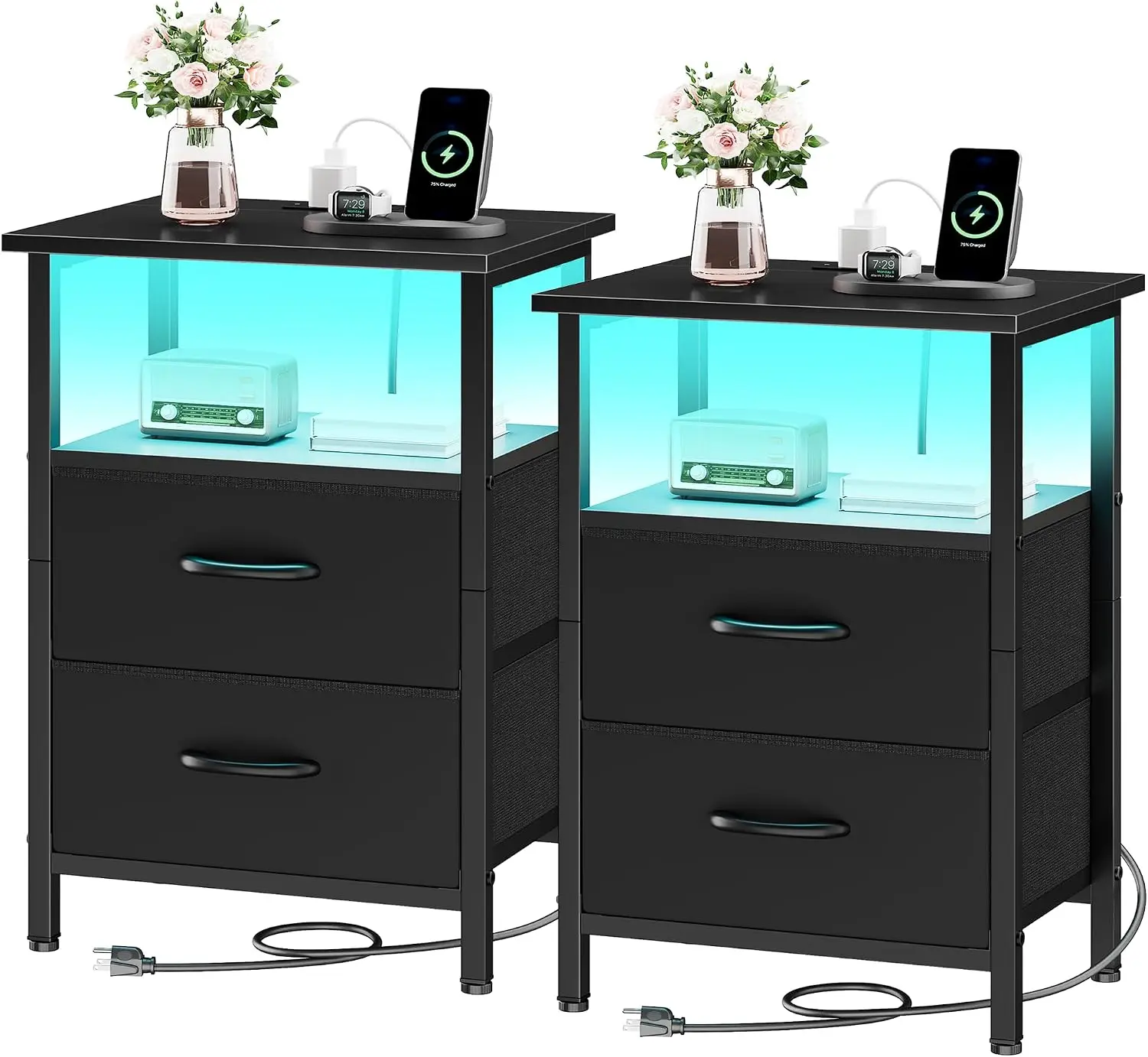 

2-Piece Nightstand Set with LED Lights & Charging Station, 24.2" Tall Bedside Tables with Fabric Drawers and Storage Shelf for Bedroom