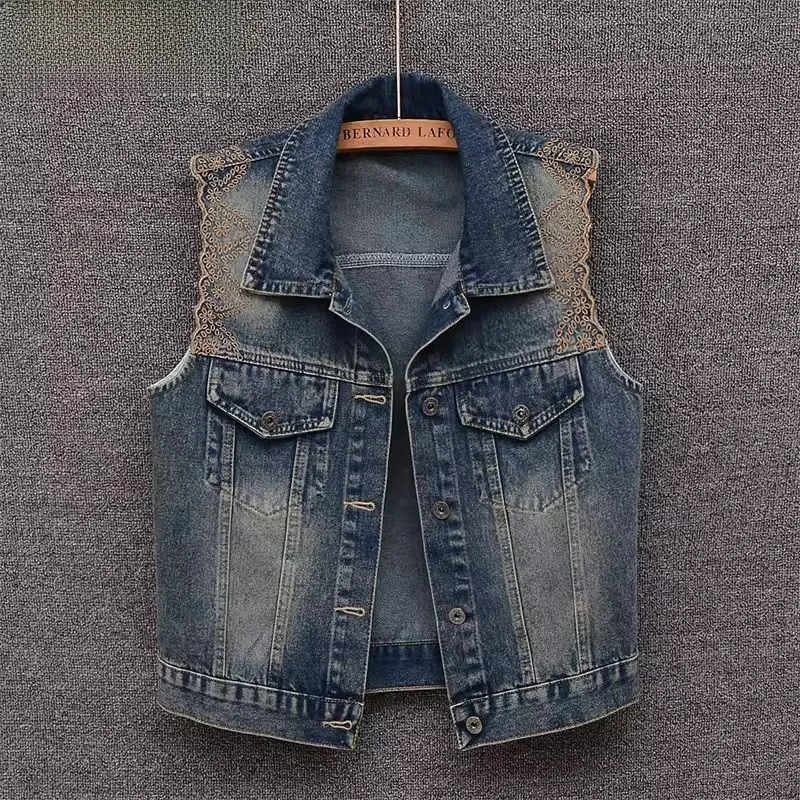 

Women's Short Embroidered Denim Vest Spring Fashion Outerwear Top Sweet Style Belted Single Button Other Material 100%