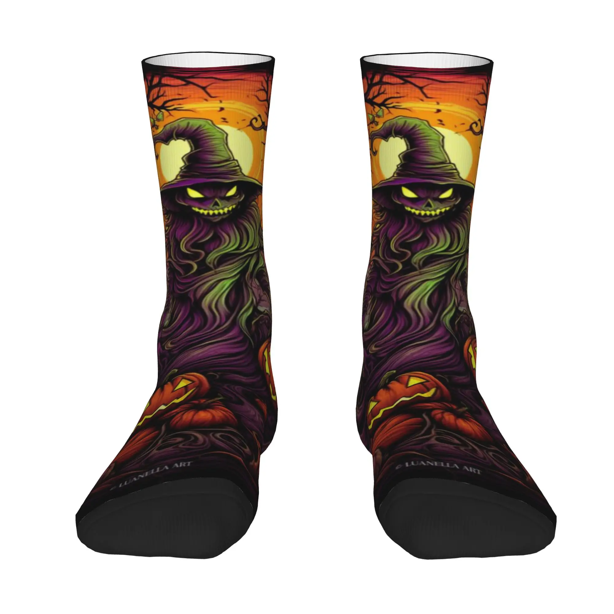 1 Pair Funny Crazy Sock for Men Halloween Witch Pumpkin Art Hip Hop Harajuku  Happy Seamless Pattern Printed Sock Novelty Gift